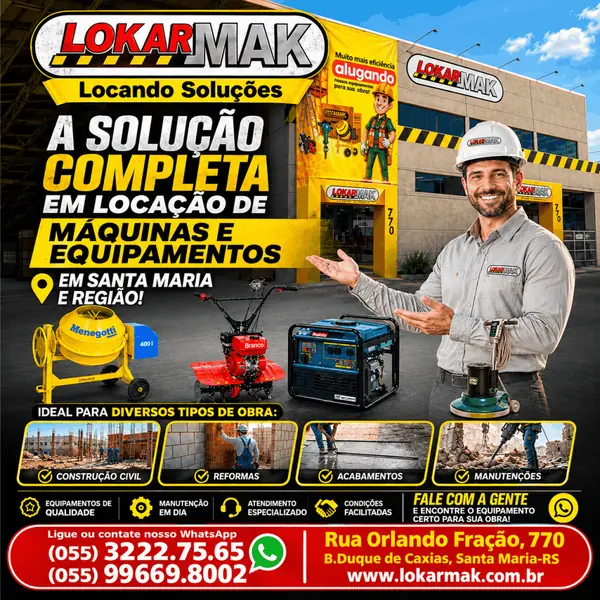 Aluguel de máquinas e equipamentos é na Lokarmak. A solução completa para obras em Duque de Caxias, Santa Maria/