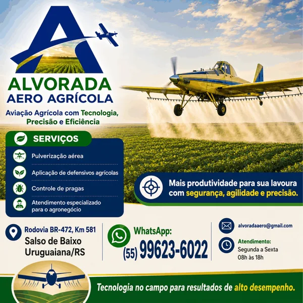 Aviação agrícola com a Alvorada Aeroagrícola: precisão e eficiência no Salso de Baixo em Uruguaiana/RS.