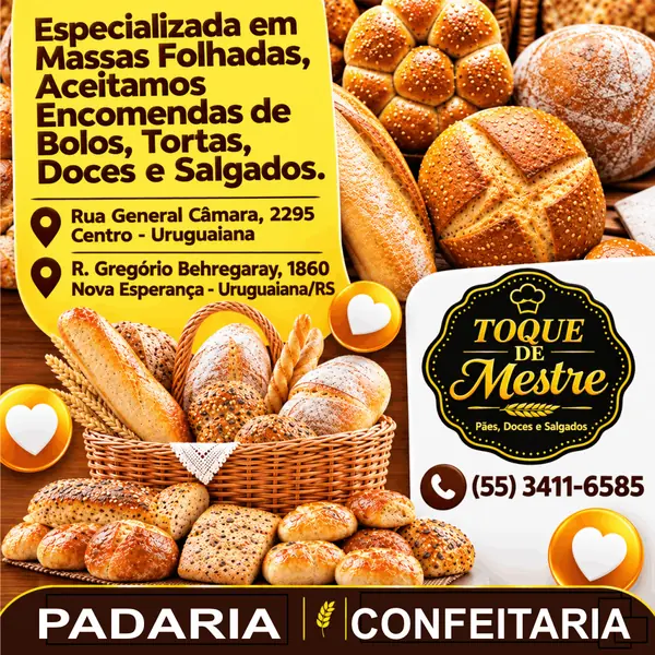 Padaria e Confeitaria Toque de Mestre: massas folhadas e encomendas em Uruguaiana/RS.