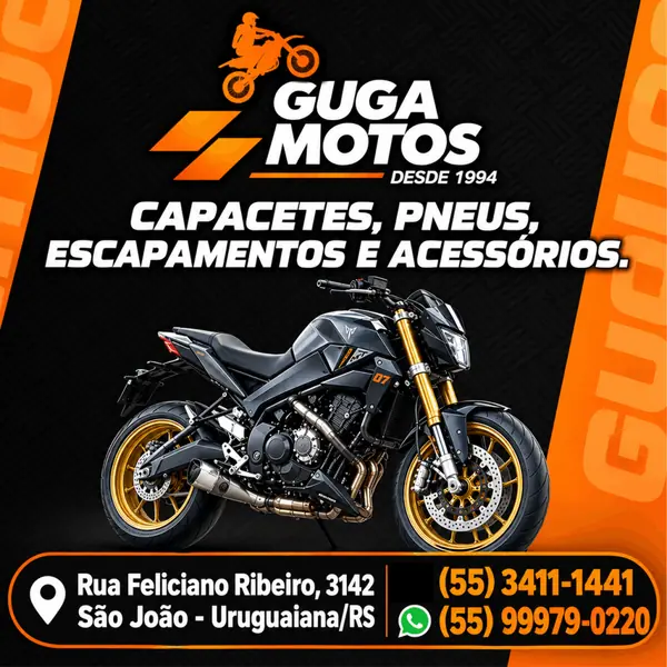 Peças e acessórios para motocicletas na Guga Moto Peças com variedade de pneus e capacetes em Uruguaiana/RS.