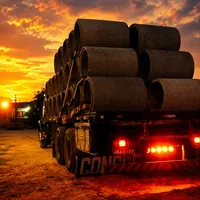 Caminhão carregado com tubos de cimento ao pôr do sol na Concrearte Fabricação de Artefatos de Cimento em Ji-Par