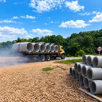 Caminhão transportando tubos de cimento da Concrearte Fabricação de Artefatos de Cimento em Ji-Paraná/RO!