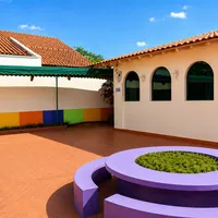 Pátio externo com banco circular roxo e toldo verde da Escola Manoel de Barros na Vila Almeida Lima em Campo Gra