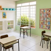Sala de aula infantil organizada da Escola Manoel de Barros na Vila Almeida Lima em Campo Grande/MS!